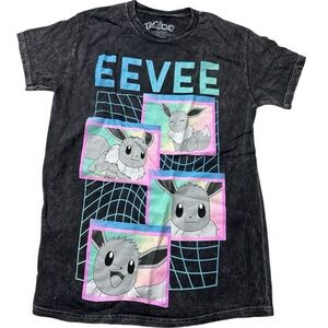 Black Acid-wash Pokémon T-shirt featuring Eevee graphics with colorful accents